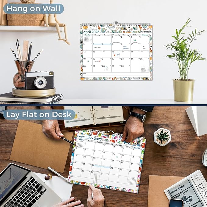 Cranbury 2026 Wall Calendar 12 Month, 8.5x11 Small Calendar for Wall or Desk, Thick Paper, Bonus Stickers and Note Sections, Monthly Seasonal Design, 2026 Planner 8x11