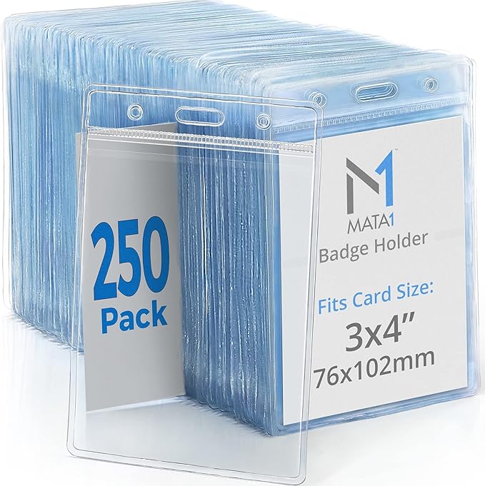 Mata1-USA Plastic Extra-Thick Vertical ID Card Holder (Clear, 3x4 Inch, 250 Pack), Large Size No Zipper Name Badge