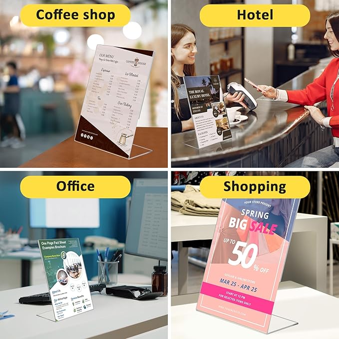 Argvey 4 Pack Acrylic Sign Holder 8.5x11, Clear Plastic Slanted Back Sign Holders, Desktop Papers Menus Frame Flyer Document Holder Display Stand for Coffee Shops, Hotels, Offices, Public Spaces