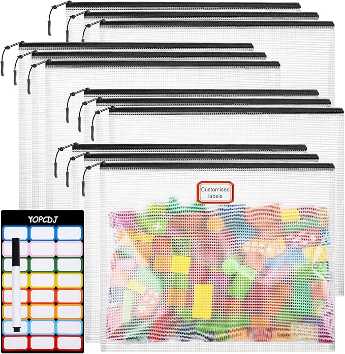YOPCDJ 12pcs Mesh Zipper Pouch Bags, A4 Puzzle Bag for Organizing Storage Bag, File Bags for Office, Board Games and Home Supplies