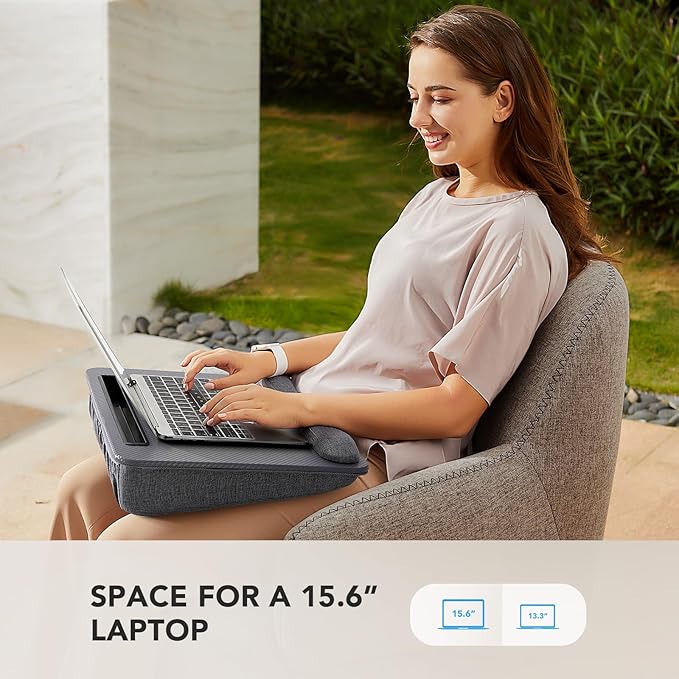 HUANUO Lap Laptop Desk - Portable Lap Desk with Pillow Cushion, Fits up to 15.6 inch Laptop, with Anti-Slip Strip & Storage Function for Home Office Students Use as Computer Laptop Stand - Grey