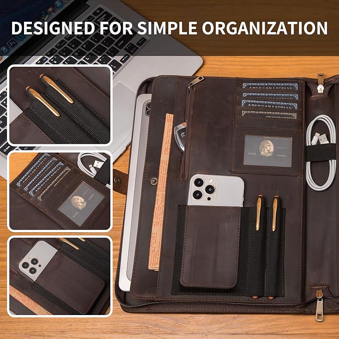 Geslun Genuine Leather Portfolio, Legal Size 8.5 x 14 Pad Holder, Business Padfolio for Men and Women, Zippered 14" Laptop Organizer, Executive Professional Work Travel Notepad Folio, Dark Brown