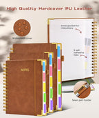 Hardcover Spiral Notebook 8.5"x11" Journal with Removable Dividers Tabs, 300 Pages Leather 5 Subject Notebook College Ruled, Large A4 Notebooks for Work School, Journal for Women, A4 Light Brown