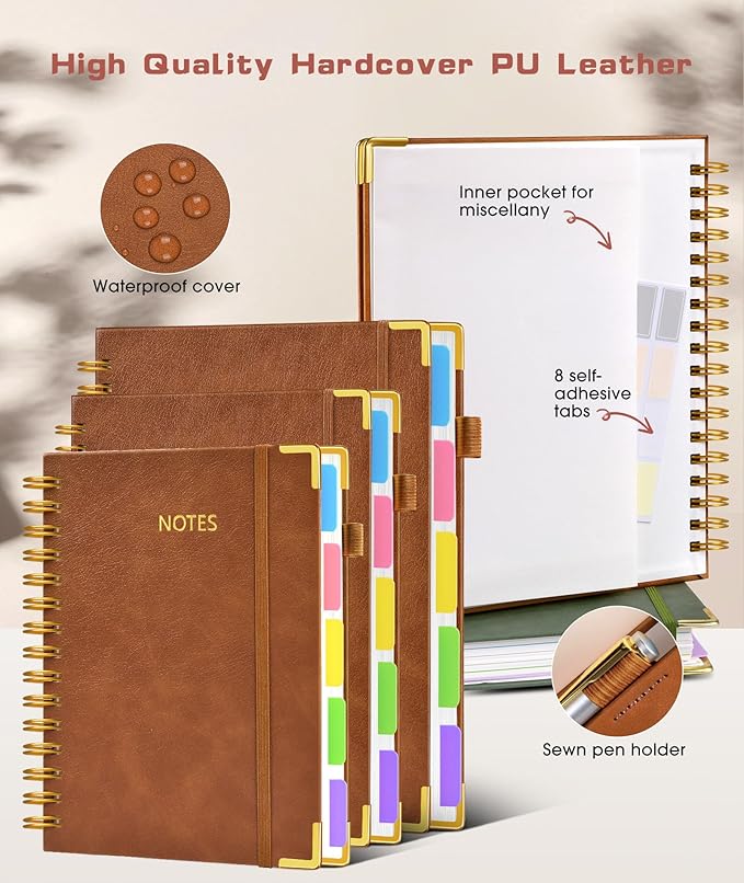 Hardcover Spiral Notebook 8.5"x11" Journal with Removable Dividers Tabs, 300 Pages Leather 5 Subject Notebook College Ruled, Large A4 Notebooks for Work School, Journal for Women, A4 Light Brown