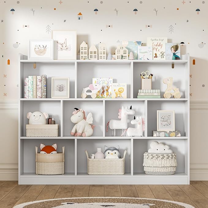 DIYART White Bookshelf, Wood Bookcase with 3 Tier Open Shelves, 10-Cube Minimalist Storage Shelf for Living Room, Bedroom, 43.3" W x 35.4" H