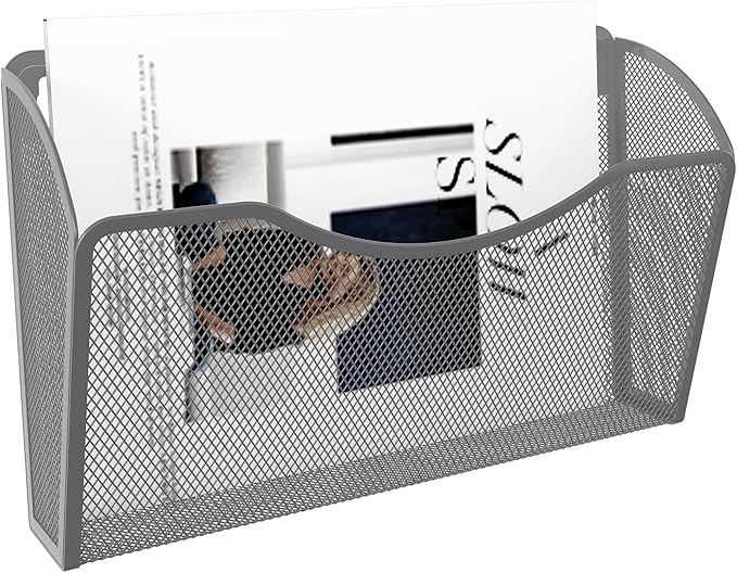 EasyPAG Single Pocket Wall File Organizer, Mesh Hanging File Folder Organizer for Letter/A4 Size Folders, Wall Mounted Vertical Mail Holder for Paperwork, Office, Home, School, Silver