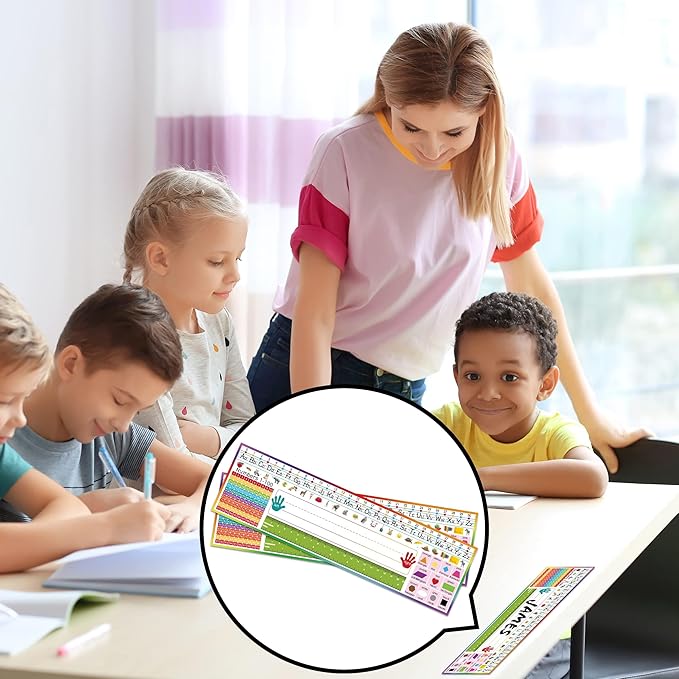 INKNOTE 32 PCS Name Tags for Classroom Multipurpose Manuscript Nameplate for Desks with Alphabet Numbers Ruler and Shapes for Kid from Pre Kindergarten to Primary School