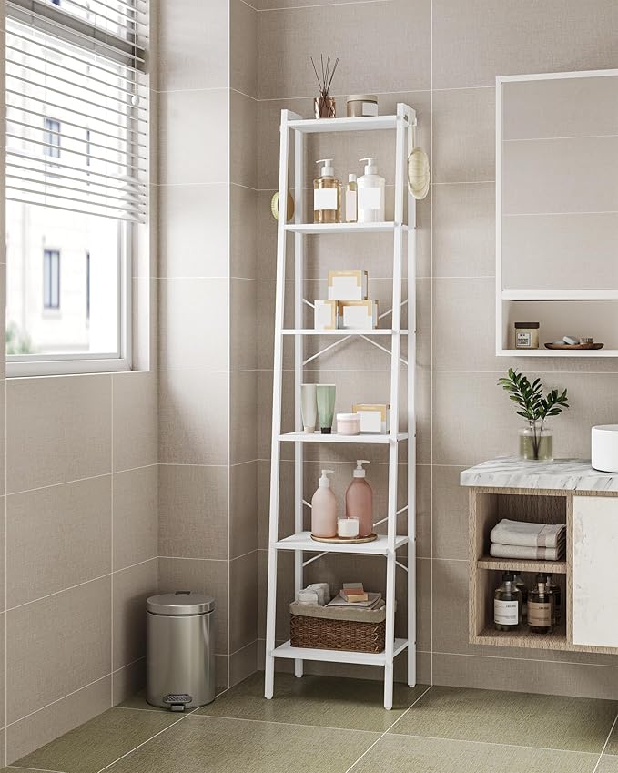 Hzuaneri Ladder Shelf, Bookshelf Bookcase, Freestanding Corner Storage Shelve with 2 Hooks for Home Office, Living Room, Kitchen, Bedroom, Industrial, 6-Tier White BC13313W