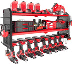 KAFAHOM Power Tool Organizer, Large 8 Drill Holder Wall Mount with 2 Side Pegboards, Heavy Duty Metal Tool Shelf with 12 Hooks, Storage Rack for Garage Organization, Utility Battery Shelves - Red