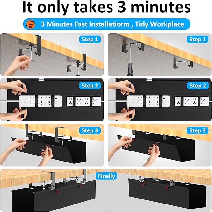 Cotohim Under Desk Cable Management Tray - Under Desk Cord Management - Clamp/Screw Mount - Fabric Wire Management - Cable Raceways Tray Cord Hiders for Office/Home (Black, 35.8"×5.6")