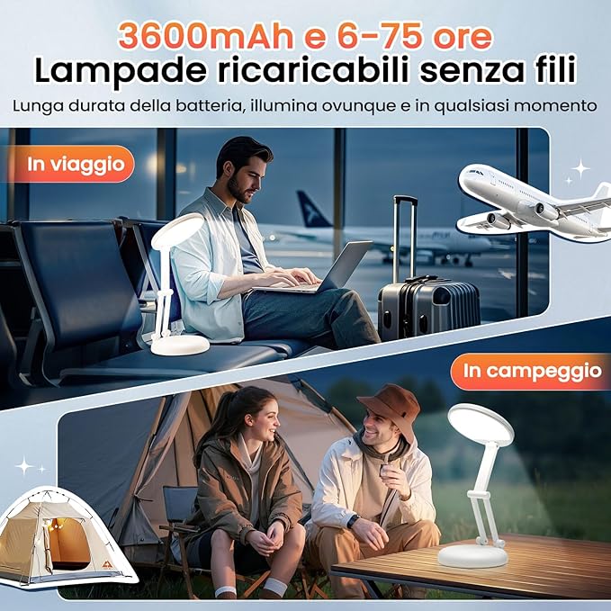 Battery Battery Operated Cordless Rechargeable Lamp - 3600mAh 10 Brightness Wireless LED Desk Table Lamp, Small Mini Portable Battery Powered Light for Home Office, Reading, Nail Light