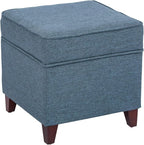 Adeco 17" Square Ottoman with Storage, Small Blue Storage Ottoman Foot Rest with Hinged Lid & Solid Wood Legs, Linen Fabric Foot Stool for Living Room & Bedroom, Seasonal Home Refresh & Gifting