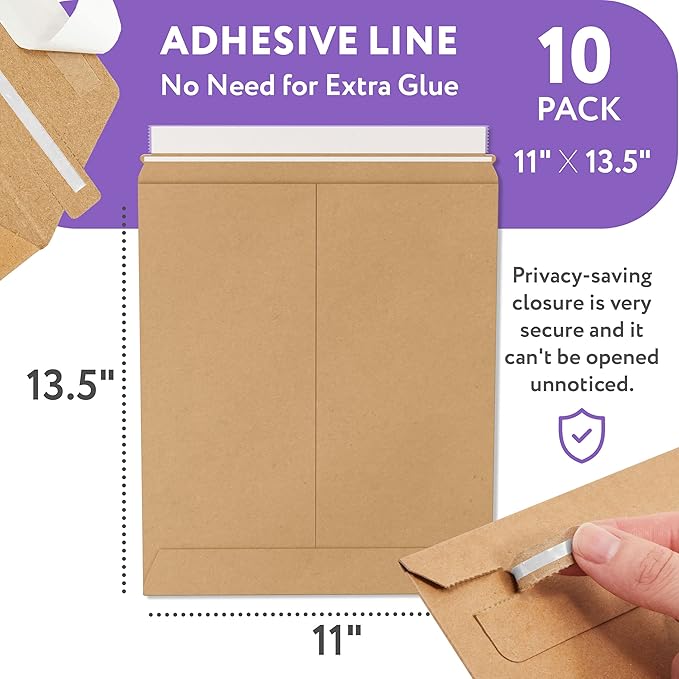 APQ Supply Natural Brown Rigid Mailers, 11 x 13.5 Inch. Pack of 10 Cardboard Envelopes for Photos, Documents. Sturdy Stay Flat Mailers with Self-Seal Closure. Hard Rigid Shipping Envelopes