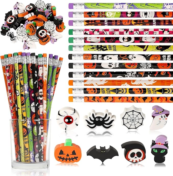 JULMELON 72PCS Halloween Party Favors Set,36PCS Halloween Pencils with 36PCS Ghost Pumpkin Skeleton Bat Spider Erasers, Wooden Pencils for School Classroom Office Party Reward Supplies