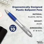 DISCOUNT PROMOS Personalized Ballpoint Pens With Rubber Grip, 10 pack Customizable Ergonomic Click-to-Write Custom Writing Pens for School with Black Ink, Blue