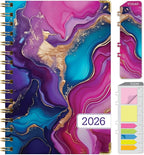 HARDCOVER 2026 Planner, 5.5"x8": 14 Months (November 2025 - December 2026), Daily Weekly Monthly Planner, Yearly Agenda, Bookmark, Pocket Folder and Sticky Note Set (Pink Purple Marble)