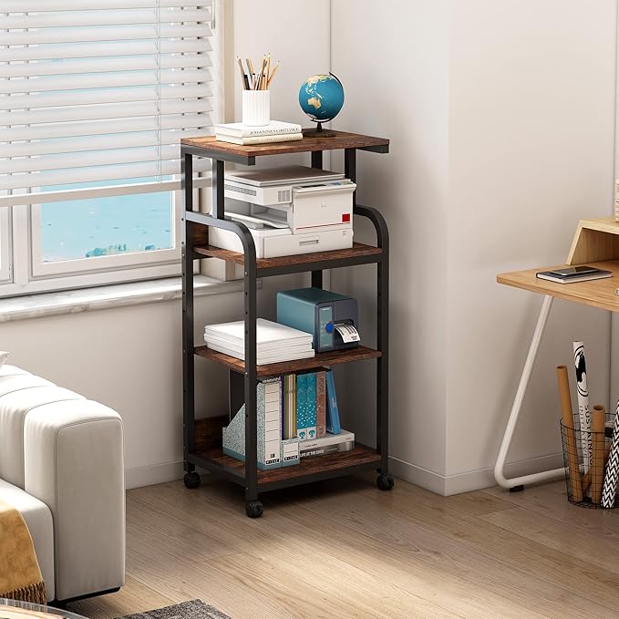 Fannova 4-Tier Printer Stand with Adjustable Storage Shelf, Large Tall Printer Table with Wheels for Home Office Small Spaces Organization, Rustic Brown