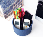 Hennaja Round Leather Art Supply Organizer,Remote Control Holder,360 Degree Spinning,Multi-Functional Pencil Holder,4 Compartments Desktop Stationary Organizer(1-Vertical Wood Blue)