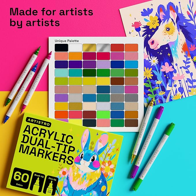 ARTISTRO 60 Acrylic Paint Markers - Paint Pens Dual Tip Brush + Fine Ideal for Calligraphy - Perfect for Fabric, Rock, Glass, Wood, DIY - Art Supplies, Stocking Stuffers, Christmas Gift Idea