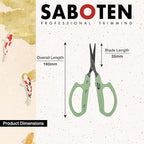 Saboten Stainless Steel Straight Blade Trimming Scissors Green PT-12 160mm Precision Gardening Bonsai and Floral Shears Made in Japan