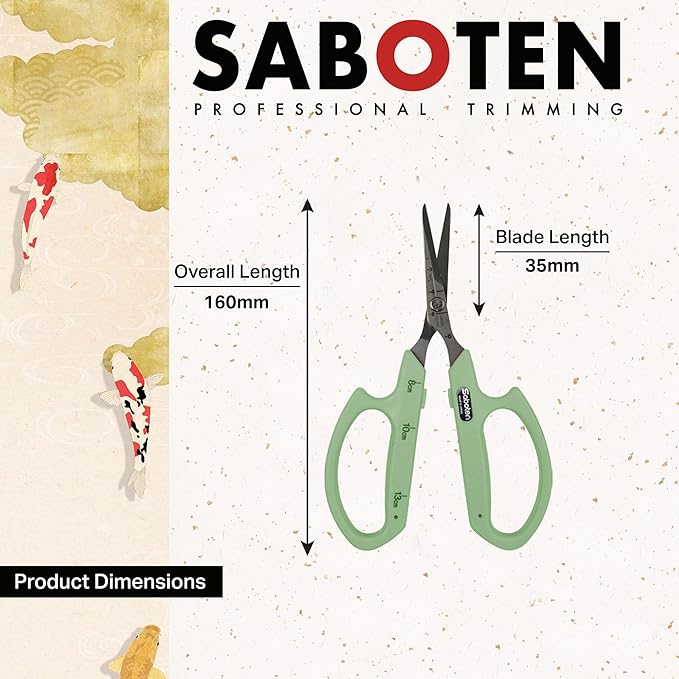 Saboten Stainless Steel Straight Blade Trimming Scissors Green PT-12 160mm Precision Gardening Bonsai and Floral Shears Made in Japan
