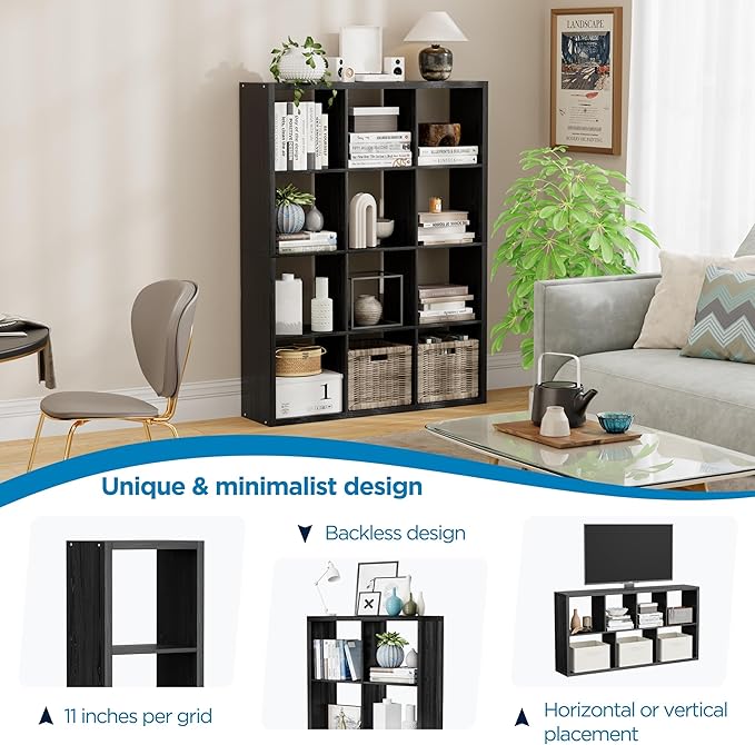 Jpiziso 12-Cube Storage Organizer, Wooden Cube Shelf Bookcase with Reinforced Thick Shelves, Heavy-Duty 36.93" L x 9.37" W x 48.82" H, for Living Room Bedroom Home Office, Black