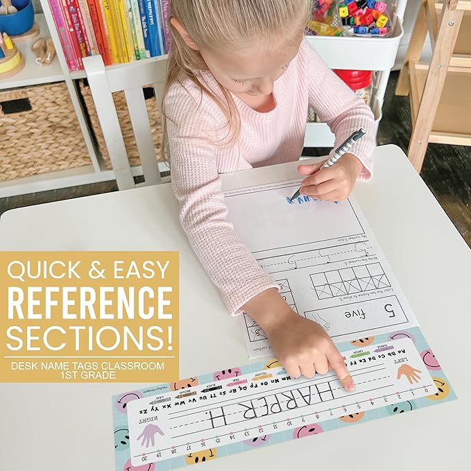 Desk Name Tags for Classroom – 36 Student Name Plates for Classroom Kindergarten, Preschool, 1st, 2nd & 3rd Grade, 14.5 x 4in Teacher Nameplates for Student Desks, Smiley Nametags