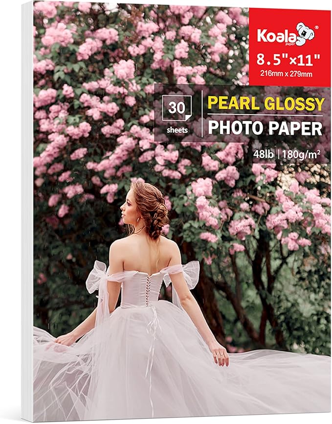 Koala Pearl Glossy Photo Paper 8.5X11 Inches 48LB 30 Sheets Shiny for Inkjet and Laser Printer Use DYE INK 180GSM