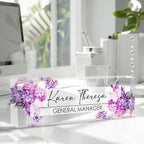 Custom Office Name Plate, Personalized Gifts for Women & Men, Appreciation Gifts for Employees, Boss, Teacher - Office Desk Accessory (Purple Hydrangea Flower)