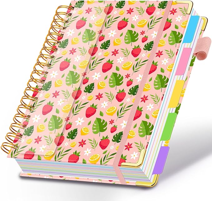Spiral Journal Notebooks for Work, 300 Pages 5 Subject Notebook College Ruled with Dividers & Tabs, 8''x 10'' Large Notebook Journal for Women Students Note-Taking and Organizer (Pink Floral)