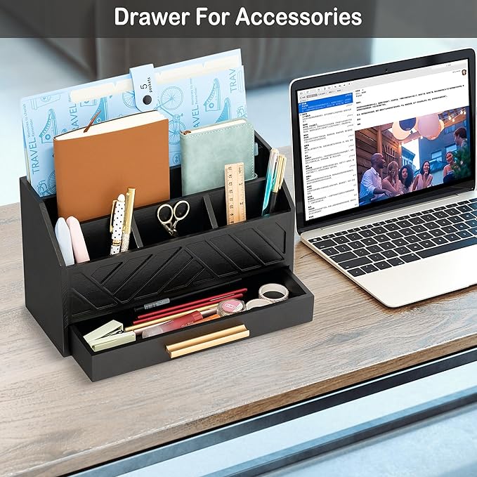 dreampossible Black Wood Desk Organizer and Accessories with Drawer, Bill Mail Organizer and File Mail Holder for Office Supplies, Modern Desk Accessories & Workspace Organizers for Desk Organization