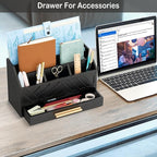 dreampossible Black Wood Desk Organizer and Accessories with Drawer, Bill Mail Organizer and File Mail Holder for Office Supplies, Modern Desk Accessories & Workspace Organizers for Desk Organization