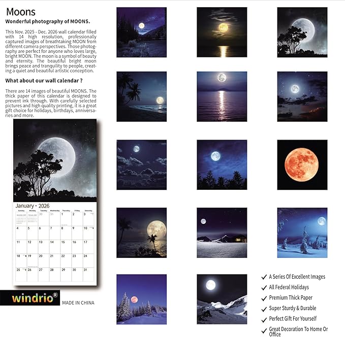 2026 Wall Calendar,Calendar 2026, November 2025 - December 2026, Wall Calendar Moon, 12" x 24" Opened,Full Page Months Thick & Sturdy Paper for Calendar Organizing & Planning
