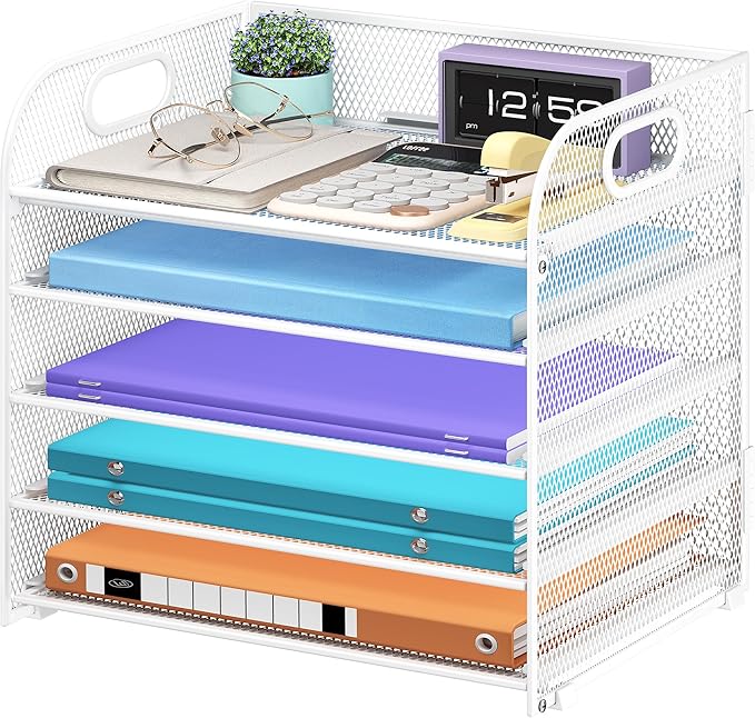 Cawukege 5 Tier Paper Organizer with Handle, Metal Mesh Desk Organizer File Folder Paper Letter Tray Desktop Document Sorter for Classroom, School, Office Accessories Organization and Storage - White
