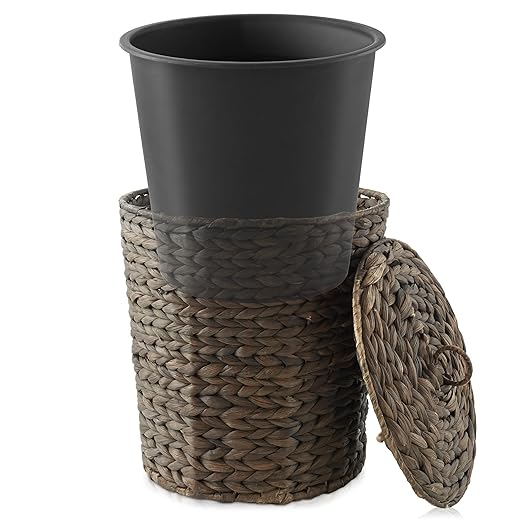 Casafield Water Hyacinth Trash Can with Lid and Liner - Espresso, Woven Waste Basket for Bathroom, Bedroom, Laundry Room, Home Office