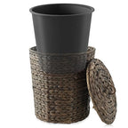 Casafield Water Hyacinth Trash Can with Lid and Liner - Espresso, Woven Waste Basket for Bathroom, Bedroom, Laundry Room, Home Office