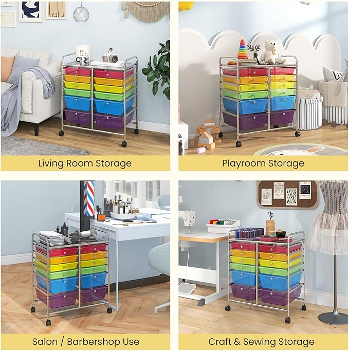 LDAILY 12 Drawer Rolling Storage Cart, Craft Cart Organizer on Wheels w/Metal Frame, Large Capacity & Smooth Drawer, Rolling Cart w/Drawers for Classroom, Office