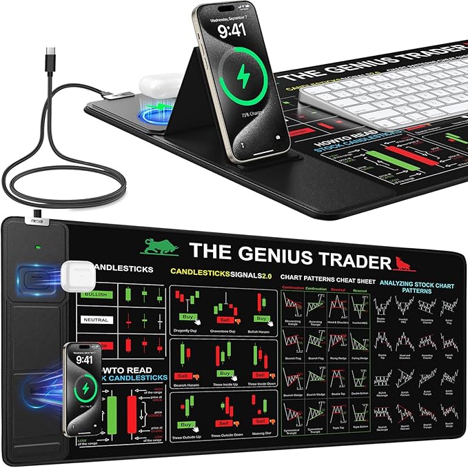 Mouse Pad for Stock Enthusiast, Wireless Charging Desk Pad with Phone Holder, Large Desk Mat with Adjustable Stand & Dual Qi Chargers, Non-Slip Mousepad with Financial Trading Guides Printed