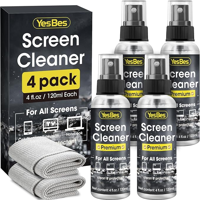 Screen Cleaner Spray 16oz (4oz x 4 Pack) - TV Screen Cleaner Spray and 2 Microfiber Cloths, Computer Screen Cleaner & Car Screen Cleaner for TV, Monitor, Laptop, MacBook, iPad
