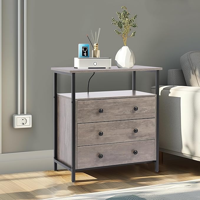Edbuosy 3 Wooden Drawers Nightstand, 27 Inch Wide Night Stand Set 2 with Charging Station and Adjustable Drawers, Small Dresser for Closet, Bedside Table for Living Room/Bedroom/Office, Gray.