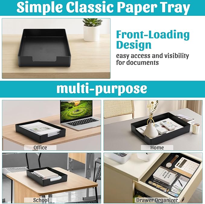 AZFUNN Letter-Size Tray Desk Letter Tray Paper Tray, Sturdy Heavy-Duty Plastic Printer Paper Tray, Single-Tier Stackable File Storage Organizer for Office Home (2, Black)