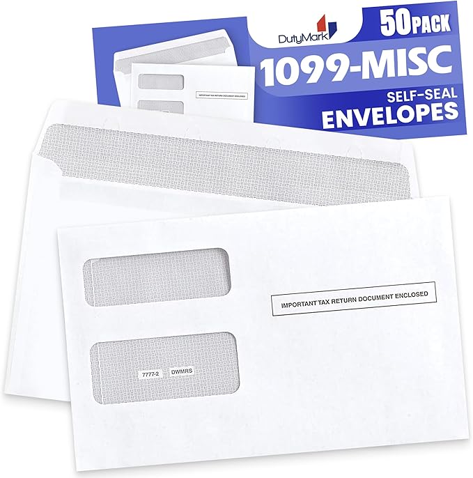 50 1099 Tax Envelopes Self-Seal Designed for printed 1099 Laser Forms - MISC - 1098-1099 R - DIV - INT, Double-Window Security For Quickbooks or Tax Software - 5 5/8 Inch x 9 Inch, 50 Envelopes