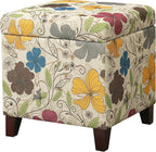 Adeco 18 Inch High Cube Ottoman Storage, Floral Printed Linen Chair Foot Stools, Upholstered Vanity Stool with Hinged Lid, Solid Wood Legs