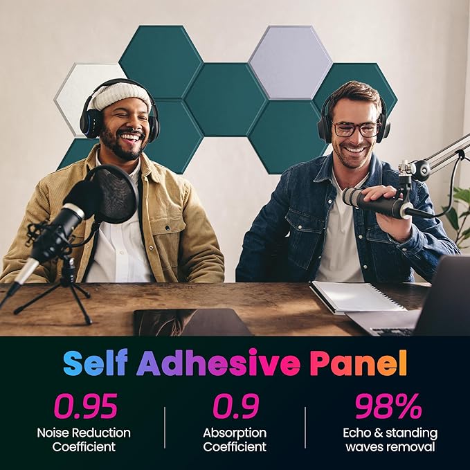 Self-Adhesive Acoustic Panels, 12 Pack Hexagon Sound Proof Foam Panels for Walls, High Density Noise Dampening Panels, 14"x 12"x 0.4" Sound Absorbing Panel for Home Studio Office-Dark Green