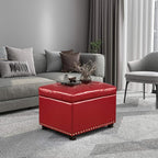 Decent Home 24'' Leather Storage Ottoman Rectangular Foot Rest Stool with Nailhead Trim for Bedroom Living Room(Red)