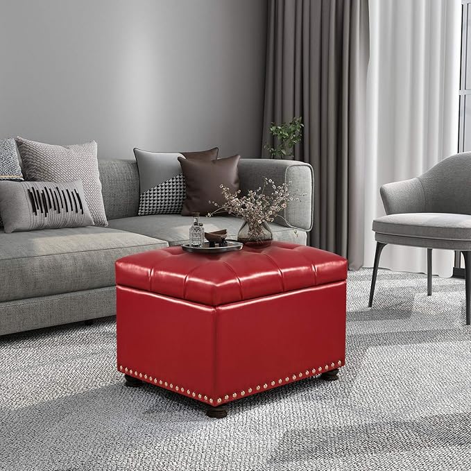 Decent Home 24'' Leather Storage Ottoman Rectangular Foot Rest Stool with Nailhead Trim for Bedroom Living Room(Red)