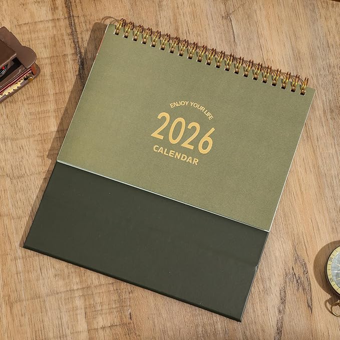 Small Desk Calendar 2026, Standing Flip Desktop Calendar from January 2026 to June 2027 - Metal Ring Twin-Wire Binding Monthly Desktop Calendar for Home Office School (Green)