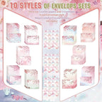 TaoBary 160 Pcs Stationery Paper Set 50 Double Sided Stationery Papers with 50 Matching Envelopes and 60 Round Dot Sticker, 10 Design(Cherry Blossom,5.5 x 8.25 Inch)