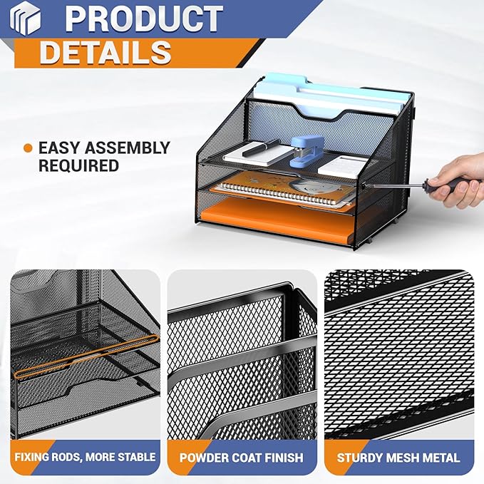 GAWERK Letter Tray Organizer, Mesh Desk File Organizer with 3 Paper Trays and 2 Vertical Upright Section (White)