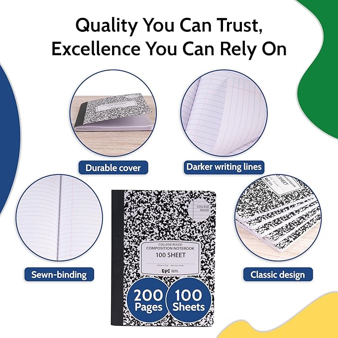 EPI 6 Pack College Ruled Composition Notebook Black - 200 Pages (100 Sheets), 9-3/4 x 7-½ - Classroom Back to School Supplies, Heavy Duty, Durable Hardcover Office Notebooks, Sewn